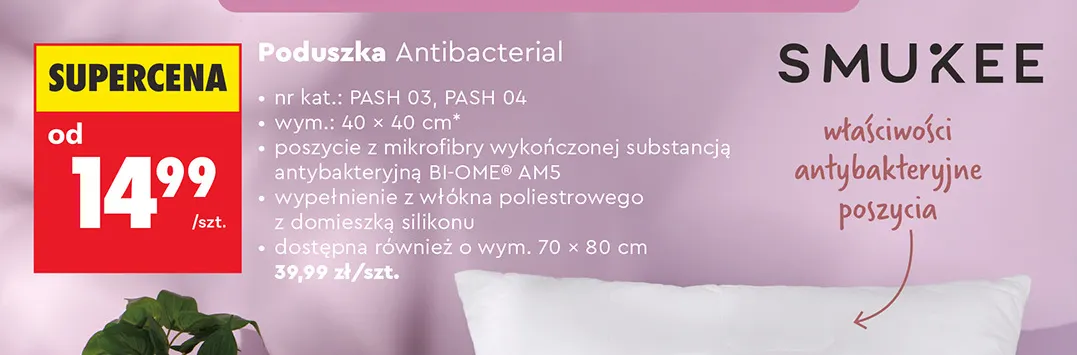 Poduszka Antibacterial Smukee 40x40 cm promocja w Biedronka