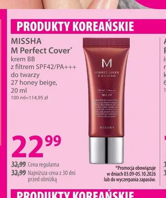 Krem BB M Perfect Cover z filtrem SPF42/PA+++ do twarzy 27 honey beige Missha promocja w Hebe