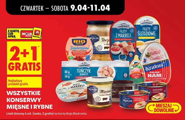 Wszystkie konserwy mięsne i rybne 2+1 GRATIS promocja w Biedronka