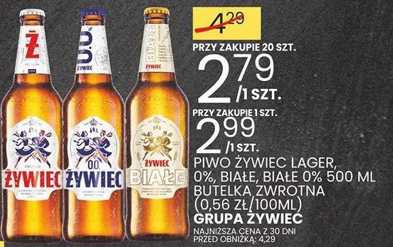 Piwo żywiec lager, 0% białe, białe 0% 500ml butelka zwrotna (0,56zł/100ml) promocja w Wafelek