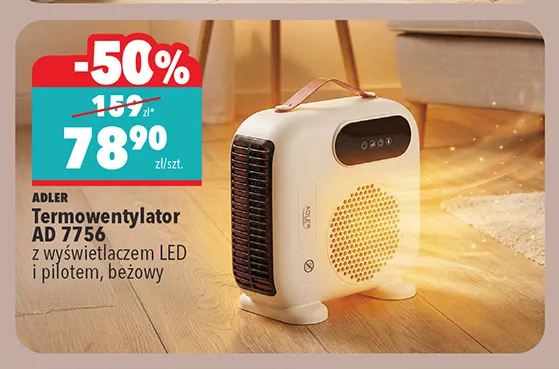 Termowentylator Ad 7756 z wyświetlaczem LED i pilotem beżowy Adler promocja w Biedronka