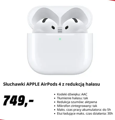 Słuchawki Apple AirPods 4 z redukcją hałasu promocja w Media Markt
