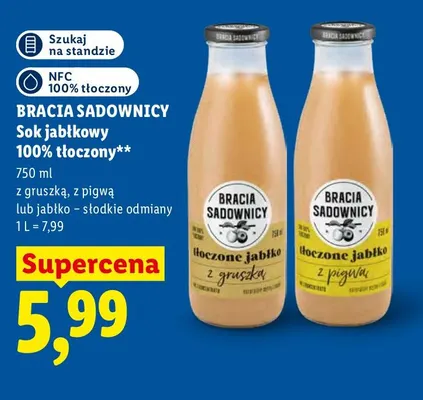 Sok jabłkowy tłoczony z gruszką Bracia Sadownicy 100% promocja w Lidl