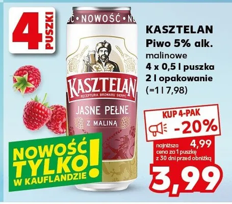 Piwo Kasztelan 5% alk. malinowe promocja w Kaufland