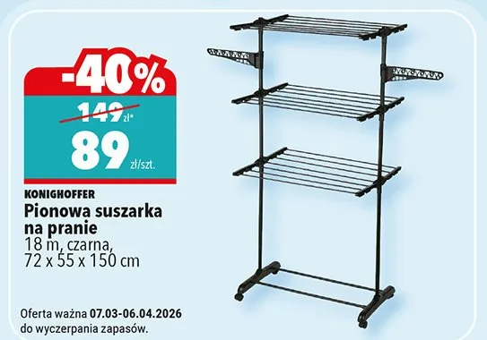 Pionowa suszarka na pranie, czarna, 72x55x150 cm promocja w Biedronka