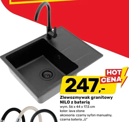 Zlewozmywak granitowy NILO z baterią 56x44x17,5cm kolor lava stone czarny syfon manualny czarna bateria U promocja w Bricomarche