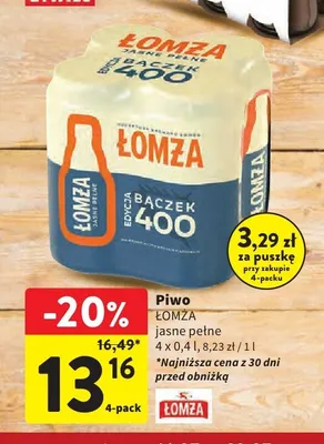 Piwo Łomża Jasne Pełne Bączek 4-pak promocja w Intermarche