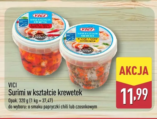 Surimi w kształcie krewetek o smaku papryczki chili Vici promocja w Aldi