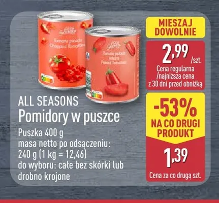 Pomidory w puszce całe bez skórki All Seasons promocja w Aldi