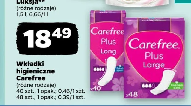 Wkładki higieniczne Carefree Plus Long 40-pak promocja w Netto