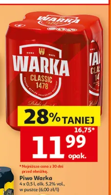 Piwo Warka Classic 4-pak 500 ml promocja w Auchan