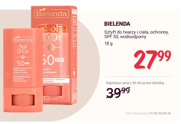 Sztyft do twarzy i ciała ochronny SPF 50 wodoodporny Bielenda Sol D'Or promocja w Rossmann