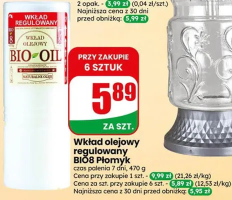 Wkład olejowy regulowany BIO8 Płomyk 470g czas palenia 7 dni promocja w Dino