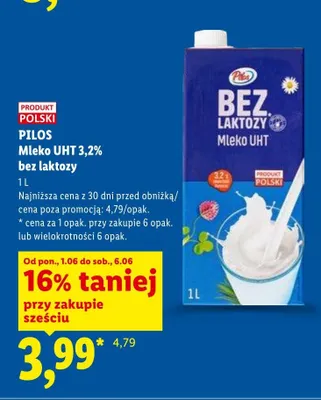 Mleko UHT 3,2% bez laktozy Pilos promocja w Lidl