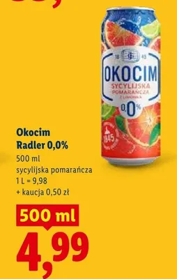 Piwo bezalkoholowe Okocim Radler 0,0% sycylijska pomarańcza promocja w Lidl