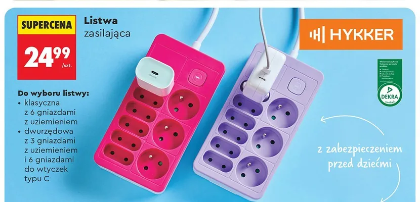 Listwa zasilająca dwurzędowa Hykker promocja w Biedronka