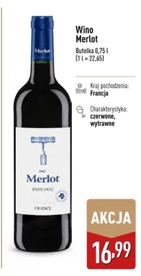 Wino Merlot czerwone wytrawne francuskie promocja w Aldi