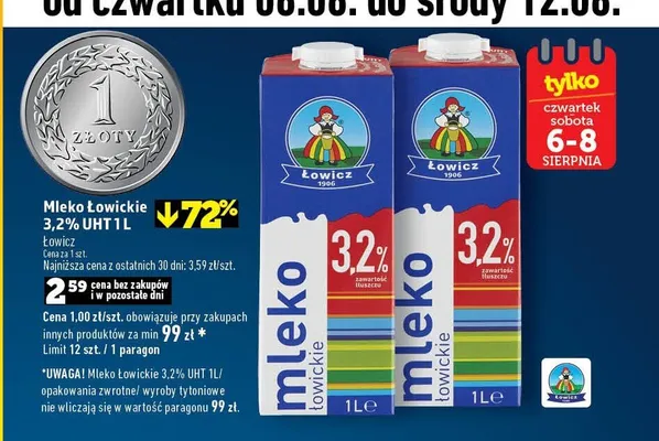 Mleko Łowickie 3,2% UHT promocja w TOPAZ