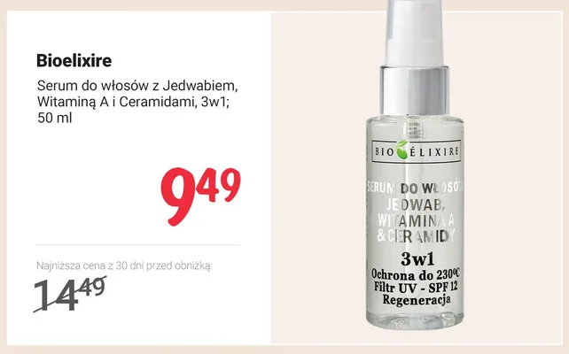 Serum do włosów z jedwabiem witaminą A i ceramidami 3w1 Bioelixire promocja w Rossmann