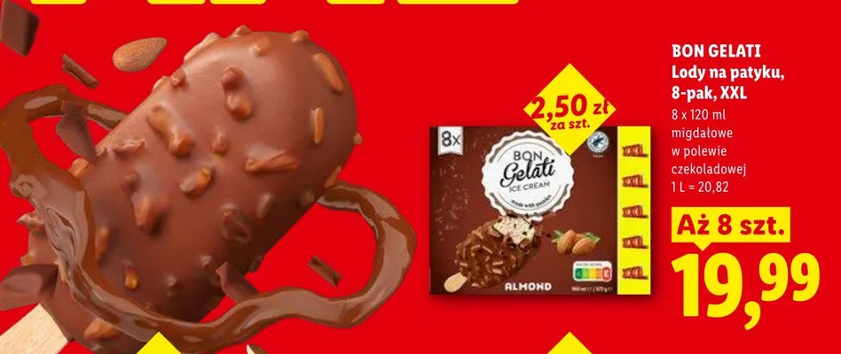Lody na patyku migdałowe w polewie czekoladowej BON GELATI 8-pak XXL promocja w Lidl