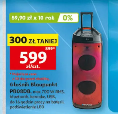 Głośnik Blaupunkt PB08DB moc 700W RMS bluetooth karaoke USB do 16 godzin pracy na baterii podświetlenie LED promocja w Auchan