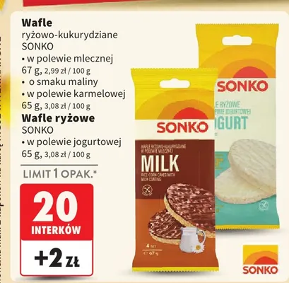 Wafle ryżowo-kukurydziane o smaku maliny Sonko promocja w Intermarche
