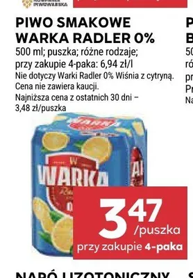 Piwo bezalkoholowe Warka Radler Grejpfrut z pomarańczą 4-pak promocja w Stokrotka