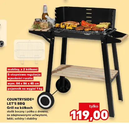 Grill na kółkach Countryside Let's BBQ stolik boczny i półka z drewna ze zdejmowanymi uchwytami mobilny wym. 84x86x45cm pojemnik na węgiel 1kg 5-stopniowa regulacja wysokości rusztu promocja w Kaufland