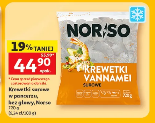 Krewetki surowe w pancerzu bez głowy Norso promocja w Auchan