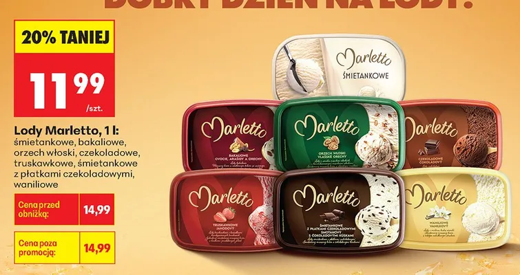 Lody śmietankowe z płatkami czekoladowymi Marletto promocja w Biedronka