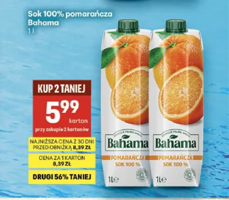Sok 100% Pomarańcza Bahama promocja w Delikatesy Centrum