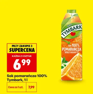 Sok pomarańcza 100% Tymbark promocja w Biedronka