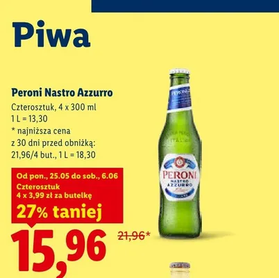 Piwo Peroni Nastro Azzurro 4-pak 300ml promocja w Lidl