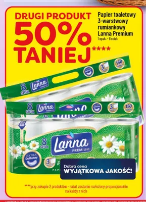 Papier toaletowy 3-warstwowy rumiankowy Lanna Premium 8-pak promocja w POLOmarket