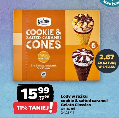 Lody w rożku Gelato Classico Cookie & Salted Caramel Cones 6-pak promocja w Netto
