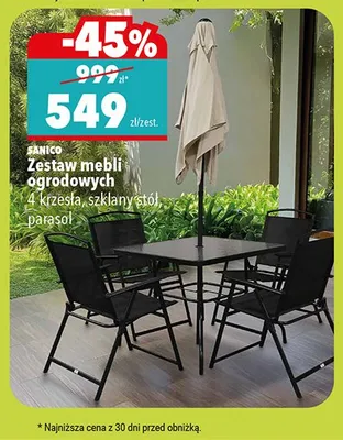 Zestaw mebli ogrodowych 4 krzesła, szklany stół, parasol promocja w Biedronka