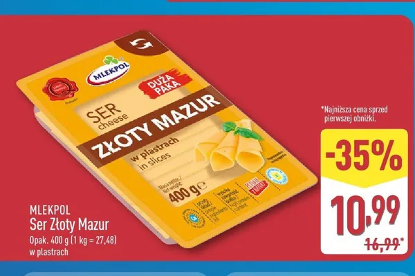 Ser Złoty Mazur Mlekpol w plastrach promocja w Aldi