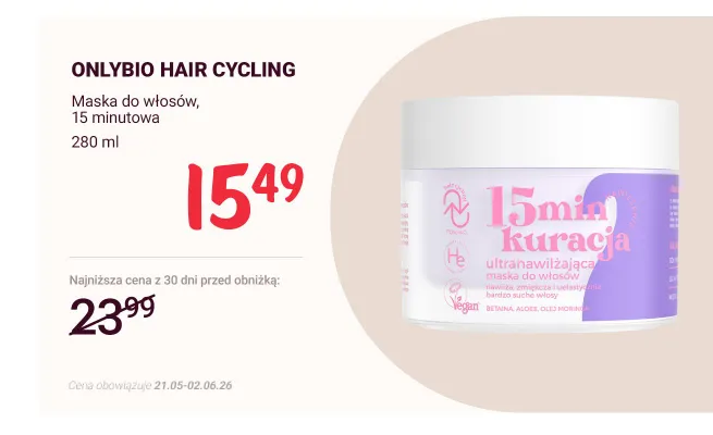 Maska do włosów 15 minutowa ONLYBIO Hair Cycling promocja w Rossmann