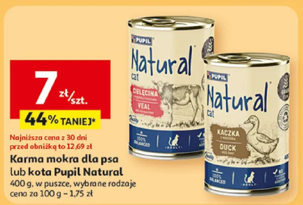 Karma mokra dla kota Pupil Natural wybrane rodzaje w puszce promocja w Auchan