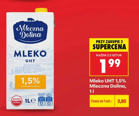 Mleko UHT 1,5% Mleczna Dolina promocja w Biedronka