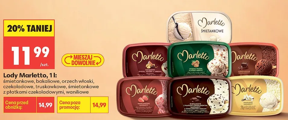 Lody śmietankowe z płatkami czekoladowymi Marletto promocja w Biedronka