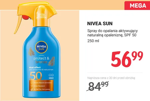 Spray do opalania Nivea Sun aktywujący naturalną opaleniznę SPF 50 promocja w Rossmann