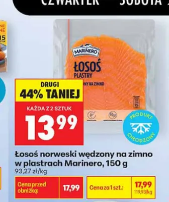 Łosoś norweski wędzony na zimno w plastrach Marinero promocja w Biedronka
