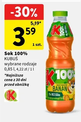 Sok 100% Kubuś wybrane rodzaje promocja w Intermarche