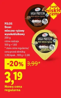 Deser mleczno-ryżowy wysokobiałkowy Pilos z sosem o smaku czekoladowym promocja w Lidl