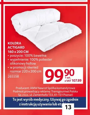 Kołdra Actigard 160x200 cm promocja w Selgros