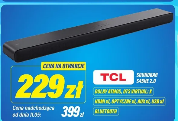Soundbar TCL S45HE 2.0 Dolby Atmos DTS Virtual:X Bluetooth promocja w RTV EURO AGD