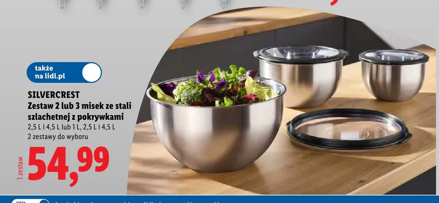 Zestaw 3 misek ze stali szlachetnej z pokrywkami 1 l, 2,5 l i 4,5 l Silvercrest promocja w Lidl