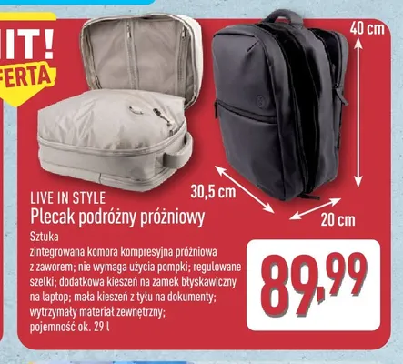 Plecak podróżny próżniowy Live In Style promocja w Aldi