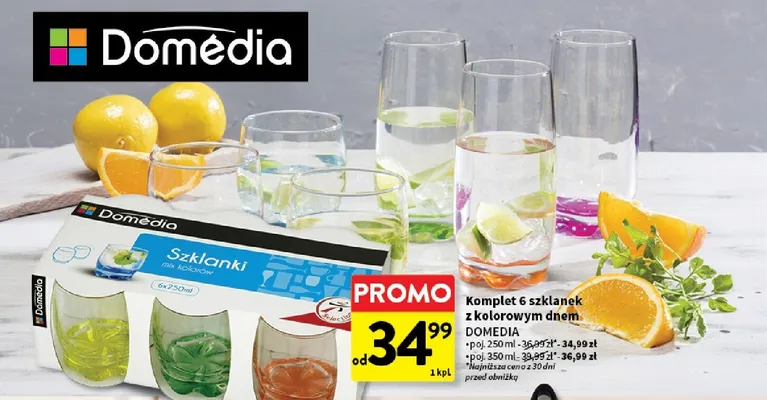 Komplet 6 szklanek z kolorowym dnem Domédia 250 ml promocja w Intermarche